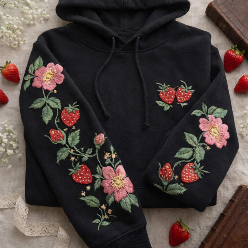 以下が含まれることがあります： イチゴとピンクの花が刺繍された黒いパーカー。赤いイチゴ、緑の葉、ピンクの花のデザインで、植物をテーマにしています。パーカーには、ドローストリングフードが付いています。