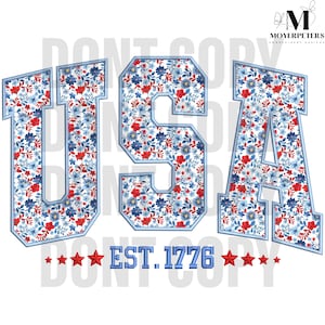 May include: USA embroidery design with red, white, and blue floral pattern. The letters are outlined in blue and the text "EST. 1776" is below the letters.