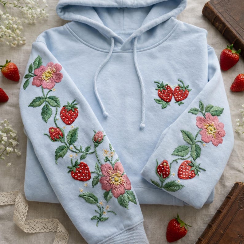 以下が含まれることがあります： 袖と胸にイチゴとピンクの花が刺繍された、水色のフード付きスウェットシャツ。フード付きスウェットシャツには、ドローストリングフードが付いています。新鮮なイチゴがスウェットシャツの周りに散らばっています。