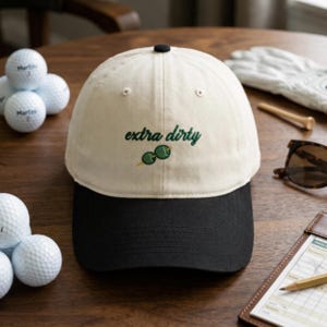 Puede incluir: Gorra de b&eacute;isbol crema y negra con la inscripci&oacute;n bordada "extra dirty" en verde y un gr&aacute;fico de dos aceitunas. Se ven pelotas de golf, gafas de sol y una tarjeta de puntuaci&oacute;n.