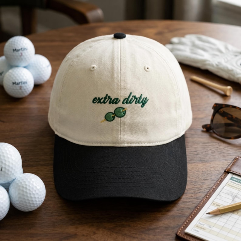 Puede incluir: Gorra de b&eacute;isbol crema y negra con la inscripci&oacute;n bordada "extra dirty" en verde y un gr&aacute;fico de dos aceitunas. Se ven pelotas de golf, gafas de sol y una tarjeta de puntuaci&oacute;n.