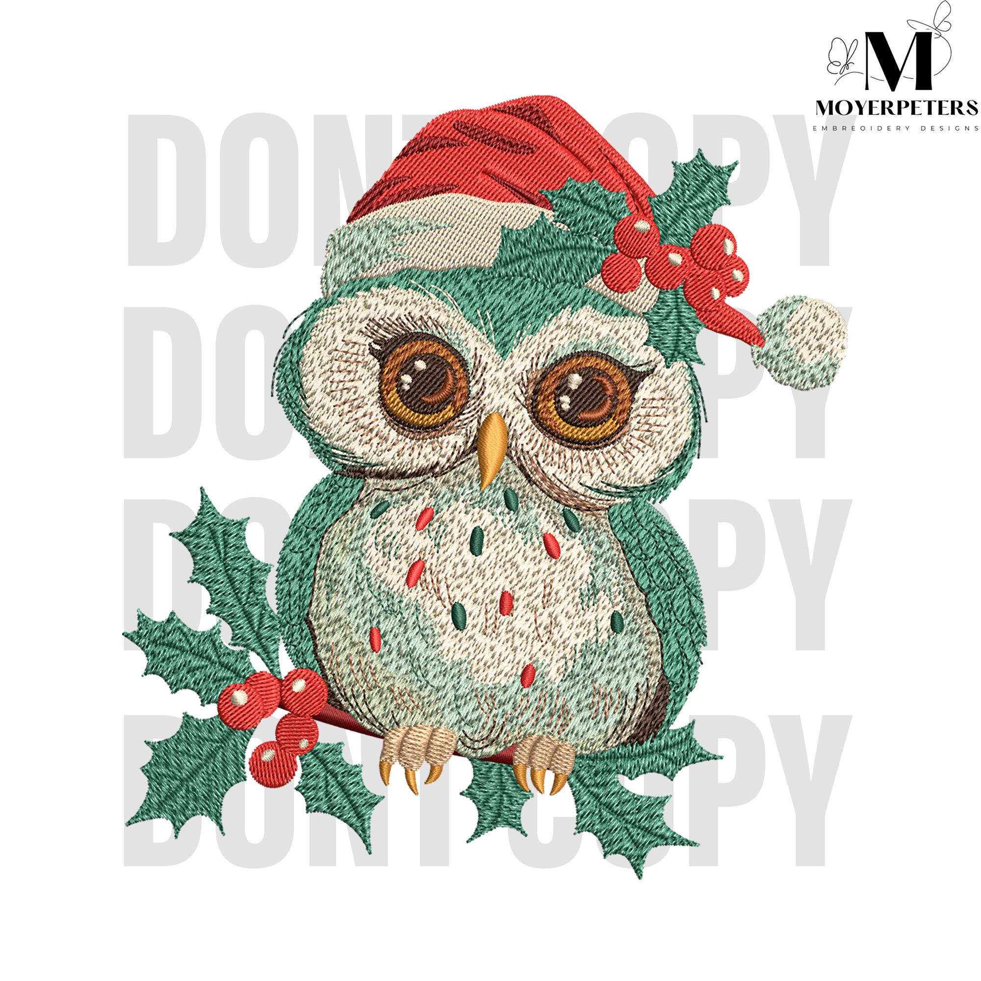 Christmas Owl Embroidery Designs, Cute Santa Hat Owl Embroidery Design, Holiday Holly Berry Owl Embr