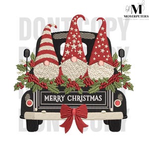 May include: A black truck bed filled with three gnomes wearing red and white hats, surrounded by holly and berries. The truck bed has the text "MERRY CHRISTMAS" and a red bow.