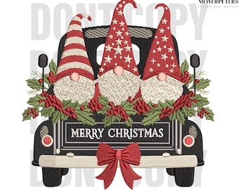 Christmas Gnomes Truck Embroidery Designs, Vintage Farmhouse Holiday Embroidery Design, Festive Gnome Embroidery Pattern, 5 Sizes