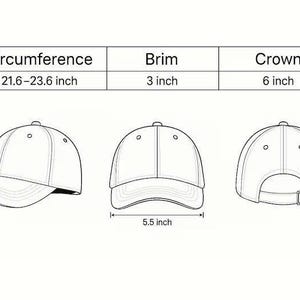 May include: A black and white line drawing of a baseball cap shown from three angles. The diagram includes measurements: a 54.86-59.94 cm circumference, a 7.62 cm brim, and a 15.24 cm crown height. The front width is 13.97 cm with an adjustable back strap.