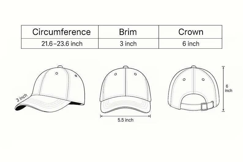 May include: A black and white line drawing of a baseball cap shown from three angles. The diagram includes measurements: a 54.86-59.94 cm circumference, a 7.62 cm brim, and a 15.24 cm crown height. The front width is 13.97 cm with an adjustable back strap.