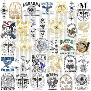 Könnte beinhalten: Eine Collage aus 25 verschiedenen Designs mit Drachen, Schädeln und anderen Fantasy-Motiven. Die Designs sind in verschiedenen Farben gehalten, darunter Schwarz, Weiß, Gold und Rot. Der Text "Basgiath War College" erscheint in mehreren der Designs.