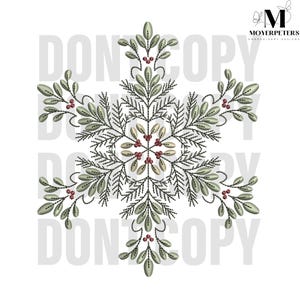 Puede incluir: Diseño de copo de nieve bordado con hojas verdes, bayas rojas y detalles en beige. El diseño simétrico presenta un motivo floral central y ramas radiantes. El texto "DON'T COPY" está en marca de agua en la imagen.