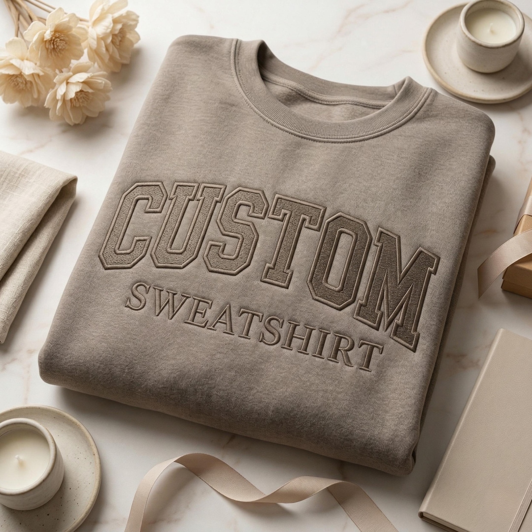 Personalized Custom Name & Font Embroidered Shirt, Collegiate Varsity Embroidery Sweatshirt, Taupe Crewneck Custom Apparel
