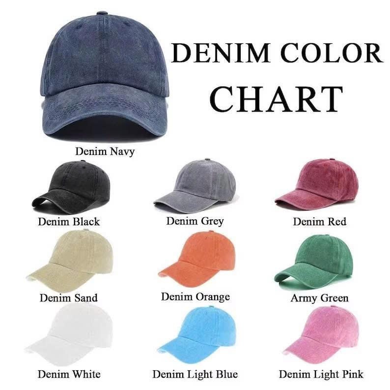 May include: A denim colour chart featuring eleven baseball caps in various colours including navy, black, grey, red, sand, orange, army green, white, light blue, and light pink. The text DENIM COLOR CHART is displayed in black capital letters.
