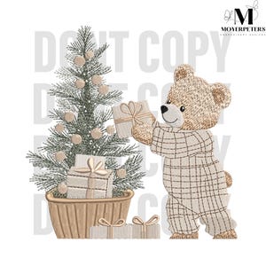 Kerstbeer versieren boom borduurontwerpen, teddybeer vakantie borduurontwerp, borduurpatroon kerstbeer, 5 maten