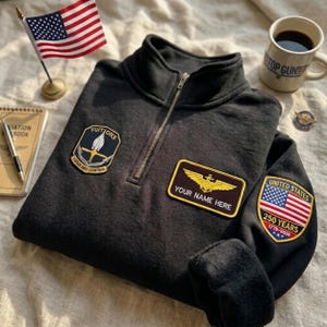 Custom Name Aviation Patch Embroidered Quarter Zip, Top Gun Inspired 250 Years Sweatshirt, Military Flight Crewneck Pullover
