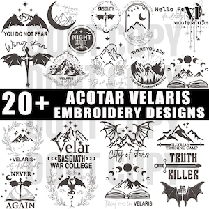 Puede incluir: Una colección de más de 20 diseños de bordado inspirados en la serie A Court of Thorns and Roses, con personajes, lugares y citas de los libros. Los diseños incluyen un dragón, un libro, una cordillera y una espada.