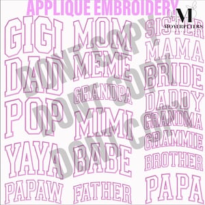 Puede incluir: Un fondo blanco con una colección de palabras con contorno rosa, incluyendo "Gigi", "Mamá", "Papá", "Meme", "Pop", "Mimi", "Yaya", "Bebé", "Papá", "Padre", "Hermana", "Mamá", "Novia", "Papá", "Abuela", "Abuela", "Hermano" y "Papá".