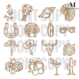 Puede incluir: Una colección de ilustraciones en línea marrón que presentan varios iconos con temas de verano y del oeste. Se incluyen un bikini, una langosta, una concha, un nautilus, una herradura, una tabla de surf, gafas de sol en forma de corazón, sombreros de vaquero, una calavera de toro, una bola de discoteca, dados, cerezas, un cóctel y un cactus.