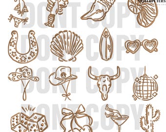 Cowgirl Summer Bundle Embroidery Designs, Western Disco Aesthetic Embroidery Design, Boho Rodeo Embroidery Pattern, 6 Sizes