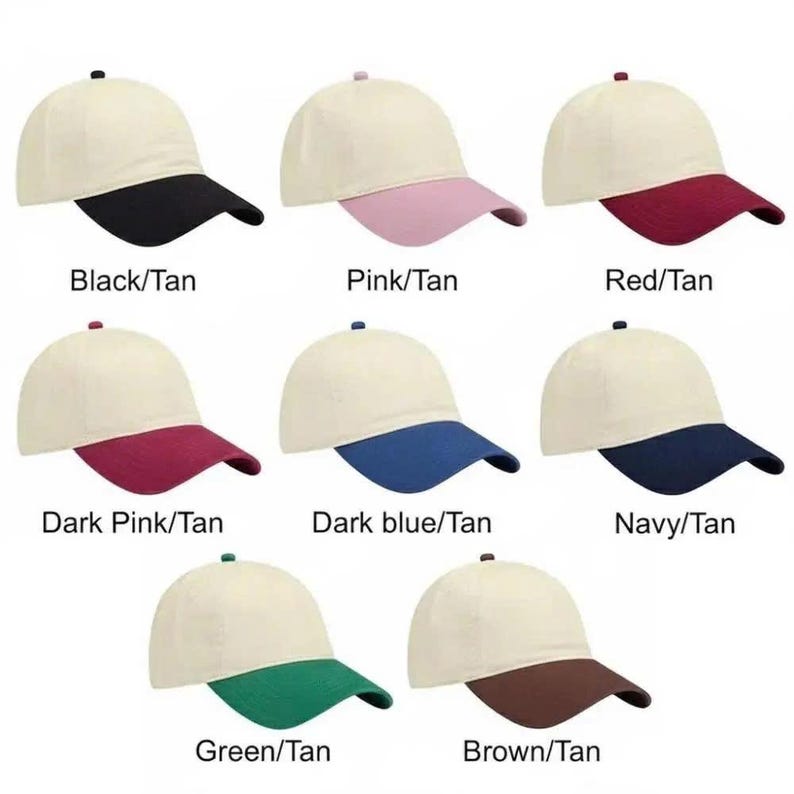 Puede incluir: Ocho gorras de b&eacute;isbol con corona beige y visera de color. Las viseras son negras, rosas, rojas, rosa oscuro, azul oscuro, azul marino, verdes y marrones. Cada gorra tiene un bot&oacute;n a juego en la parte superior.