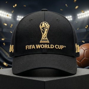 Può includere: Un cappellino da baseball nero con ricamo dorato del trofeo della FIFA World Cup e la scritta FIFA WORLD CUP sul davanti. Il numero 24 è ricamato in oro sui pannelli laterali del cappellino, che presenta una corona strutturata e una visiera curva.
