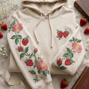 イチゴの花柄刺繍入りパーカー、コテージコア風袖刺繍スウェットシャツ、植物柄フルーツセーター、かわいい自然愛好家へのギフト