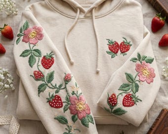 Strawberry Floral Embroidered Hoodie, Cottagecore Sleeve Embroidery Sweatshirt, Botanical Fruit Sweater, Cute Nature Lover Gift