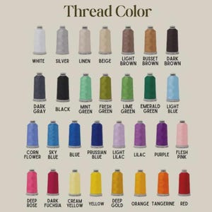 May include: A colour chart titled Thread Color displaying four rows of seven vertical spools of embroidery thread in various shades. Each spool is labelled with its corresponding colour name, including white, silver, linen, beige, brown, blue, purple, pink, yellow, orange, and red.