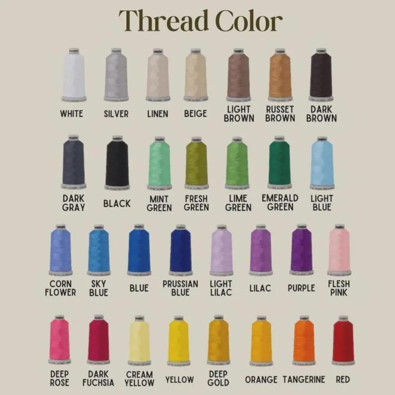 May include: A colour chart titled Thread Color displaying four rows of seven vertical spools of embroidery thread in various shades. Each spool is labelled with its corresponding colour name, including white, silver, linen, beige, brown, blue, purple, pink, yellow, orange, and red.