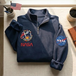 Sweat-shirt zippé sur un quart de la NASA brodé, pull Mission spatiale, cadeau astronaute, sweat-shirt lancement de fusée, haut pour les amoureux de l'espace aux États-Unis