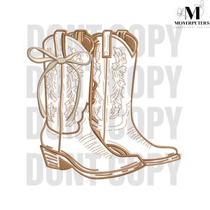 May include: A pair of white cowboy boots with intricate floral embroidery and a tan outline. The boots feature a bow detail and are set against a white background. The image is a digital design.