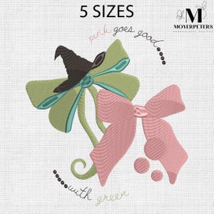 Witch Pink And Green Embroidery Designs, Coquette Bow Embroidery Design, Trending Embroidery Pattern, 5 Sizes, Trendy Embroidery