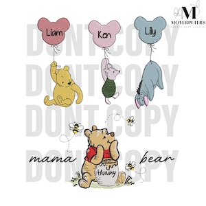 May include: Embroidered design featuring Winnie the Pooh and his friends.  The design includes Winnie the Pooh holding a pot of honey, Piglet, Eeyore, and three balloons with the names Liam, Ken, and Lily.