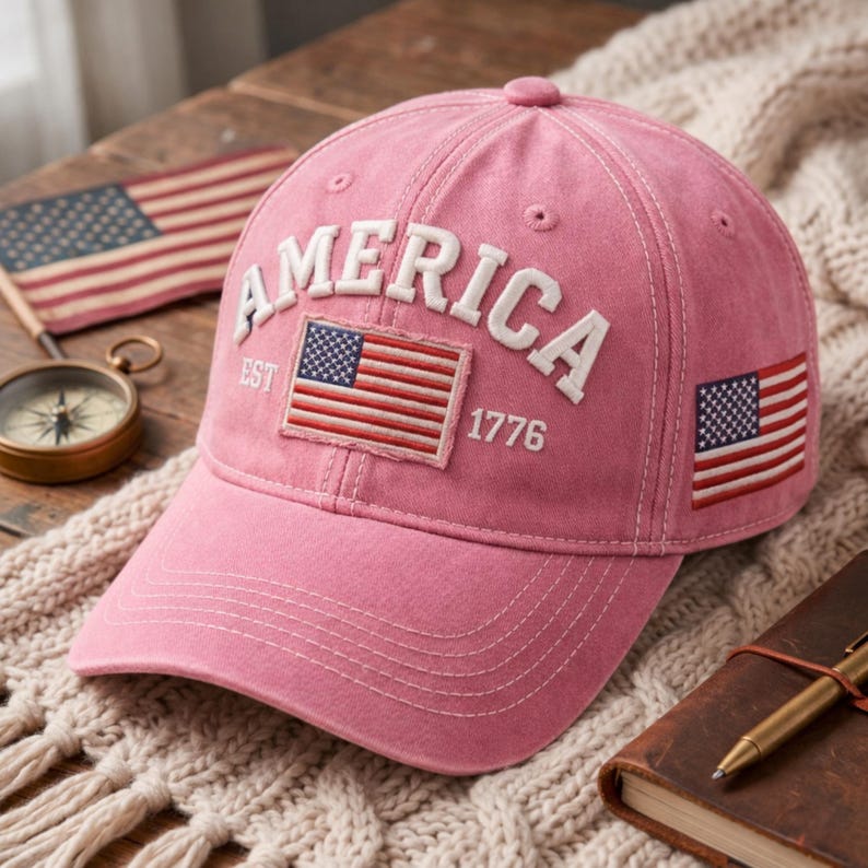 May include: A pink baseball cap featuring the white embroidered text AMERICA, the text EST 1776, and a rectangular American flag patch on the front. A smaller American flag is embroidered on the side of the cap, which has white stitching.