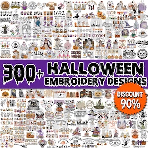 May include: A collection of over 300 Halloween embroidery designs, featuring various spooky and festive graphics. The designs include pumpkins, ghosts, witches, and text like "Salem" and "Spooky Season". A large orange circle indicates a 90% discount.