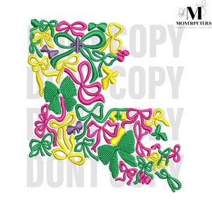 マルディグラのボウ刺繍デザイン、コケットボウ刺繍デザイン、マルディグラの刺繍パターン、5 つのサイズ、トレンディな刺繍