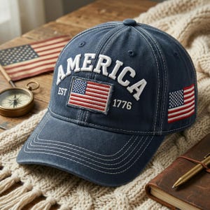 May include: A navy blue baseball cap featuring the white embroidered text AMERICA, the numbers 1776, and the word EST. A rectangular patch of the American flag is centred on the front, with a smaller embroidered American flag on the side panel.