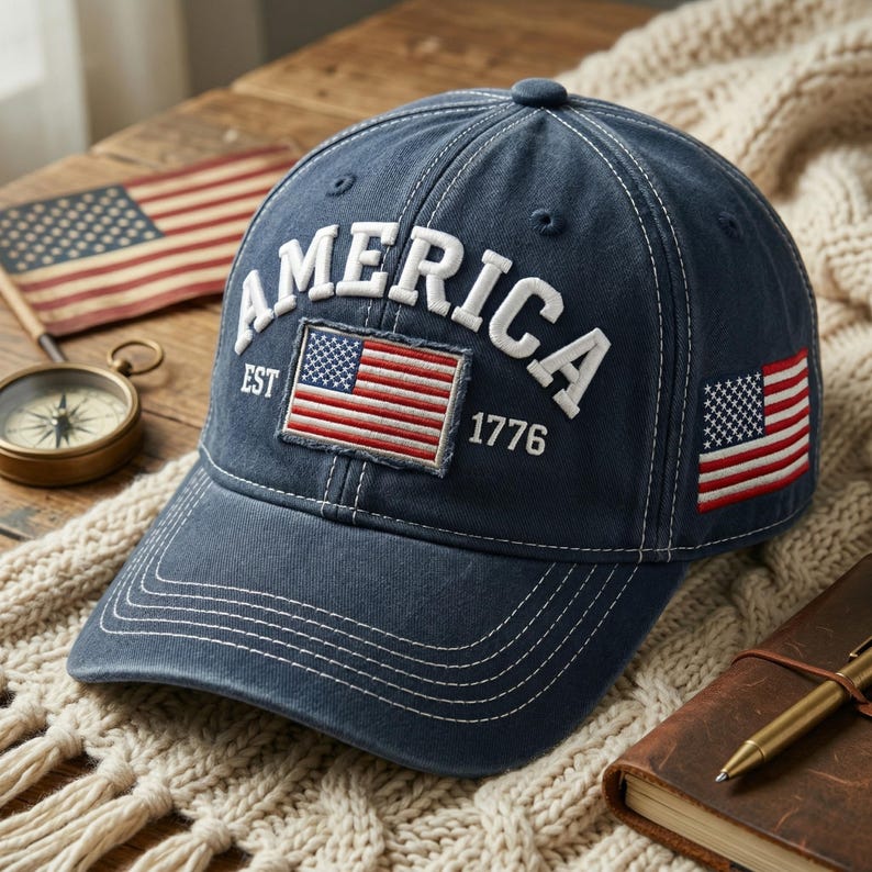 May include: A navy blue baseball cap featuring the white embroidered text AMERICA, the numbers 1776, and the word EST. A rectangular patch of the American flag is centred on the front, with a smaller embroidered American flag on the side panel.