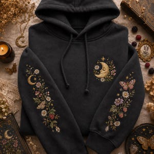 Moon Phase Embroidered Shirt, Floral Butterfly Embroidery Sweatshirt, Moon Garden Hoodie, Cosmic Lover Gift, Cosmic Hoodie