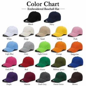 May include: A colour chart displaying twenty-five baseball hats in various solid colours including black, navy, white, beige, sand, yellow, pink, light blue, grey, light green, orange, tangerine, dark pink, red, green, military green, blue, purple, marron, dark grey, forest green, and brown.