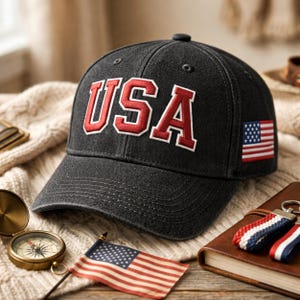 Puede incluir: Una gorra de béisbol gris carbón con las letras USA bordadas en rojo con un borde blanco en el panel frontal. Un pequeño parche rectangular de la bandera estadounidense está cosido en el lateral de la gorra, que tiene una visera curva.