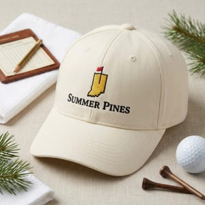 Puede incluir: Gorra de béisbol color crema con el texto bordado "Summer Pines" y un logotipo de una bandera de golf amarilla y negra. Se ven una pelota de golf y tees de madera.