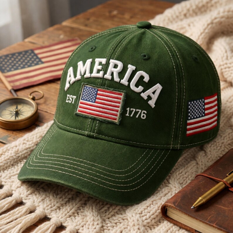 May include: A dark green baseball cap featuring the white embroidered text AMERICA, the text EST 1776, and a rectangular patch of the United States flag on the front. A smaller United States flag patch is embroidered on the side of the cap.