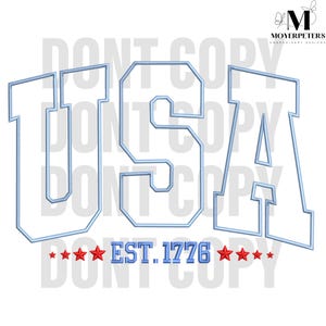 May include: USA embroidery design with blue outline letters and red stars. The text "EST. 1776" is below the letters.