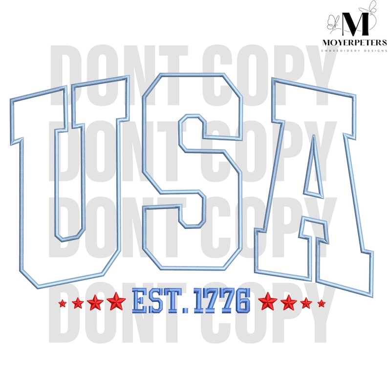 May include: USA embroidery design with blue outline letters and red stars. The text "EST. 1776" is below the letters.