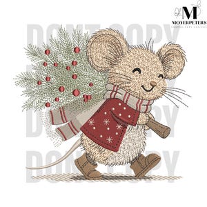 May include: An embroidered design of a cheerful mouse carrying a Christmas tree. The mouse wears a red sweater with snowflakes, a striped scarf, and brown boots. The tree is green with red ornaments. The design is on a white background.