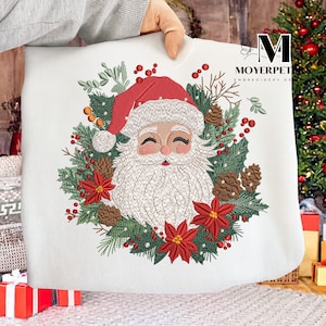 Floral Santa Face Embroidery Designs, Vintage Santa Claus Embroidery Design, Retro Floral Christmas Embroidery Pattern, 5 Sizes
