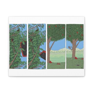 Puede incluir: Una ilustración de cómic de cuatro paneles que muestra un teléfono inteligente negro con una funda roja cayendo a través de ramas de árboles verdes, aterrizando en la hierba bajo un árbol con frutos rojos y finalmente descansando en el suelo.