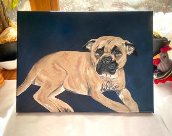 May include: Painting of a brown and black dog with a dark blue background. The dog is lying down with its head turned to the side and its mouth slightly open.