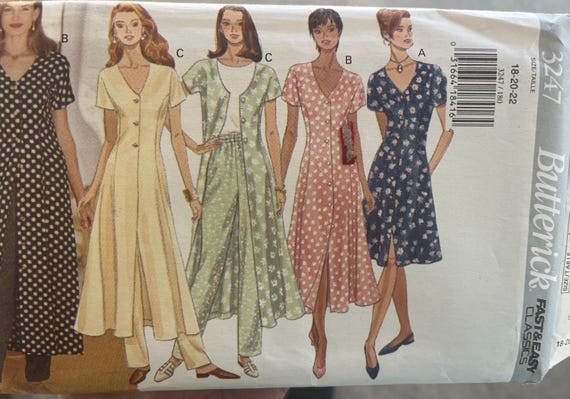 1990s Uncut  Butterick Spring Dresses Duster Top and Pants Size 18-20-22