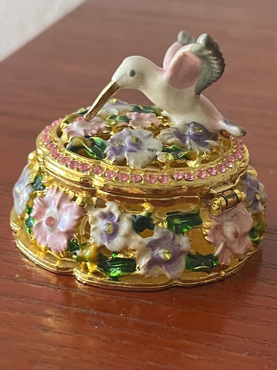 Bejewled Ring Box / Trinket Box Featuring a Humming Bird Feasting Amoung the Flowers