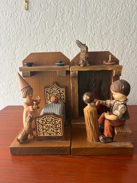 Vintage Pinocchio Bookends Handcrafted Wooden with Imperfections