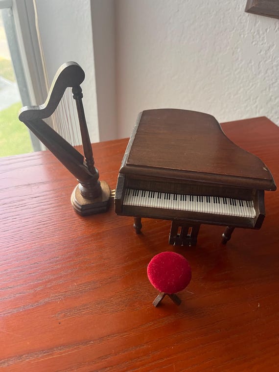Vintage Wooden Wind-up Baby Grand Piano with Harp and Stool